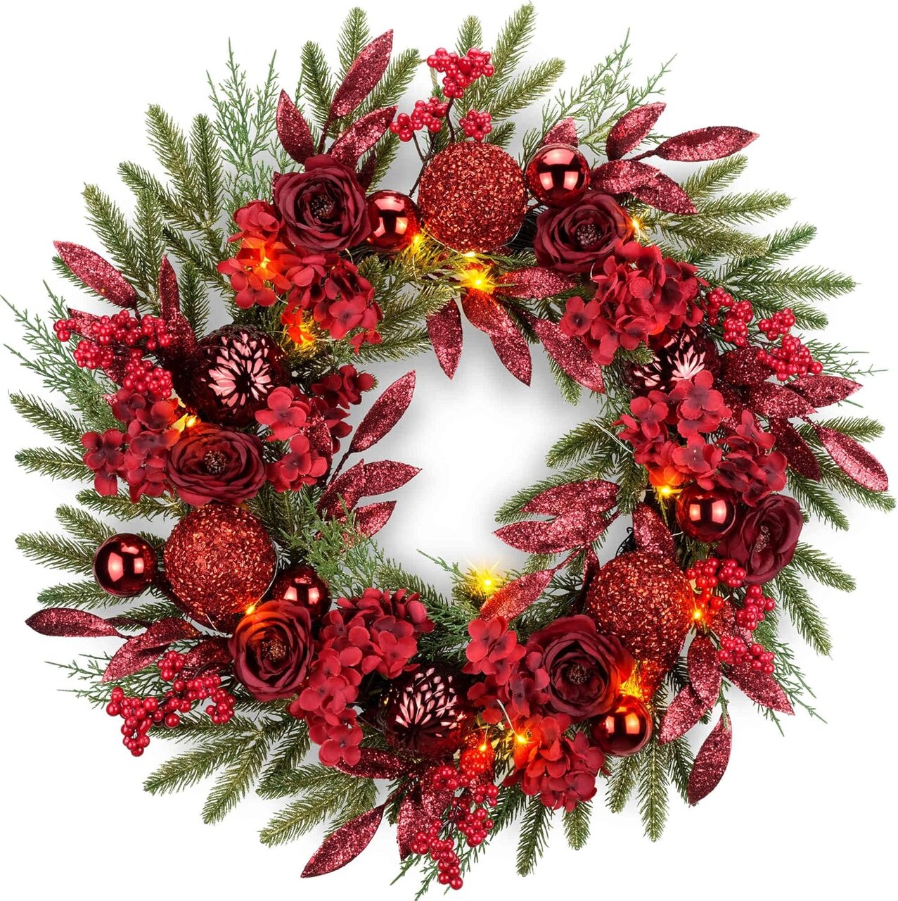 Lighted Christmas Wreath with Baubles, Berries, Leaves, Snowy Pine Needles (Red Hydrangea) 5"D x 24"W x 24"H